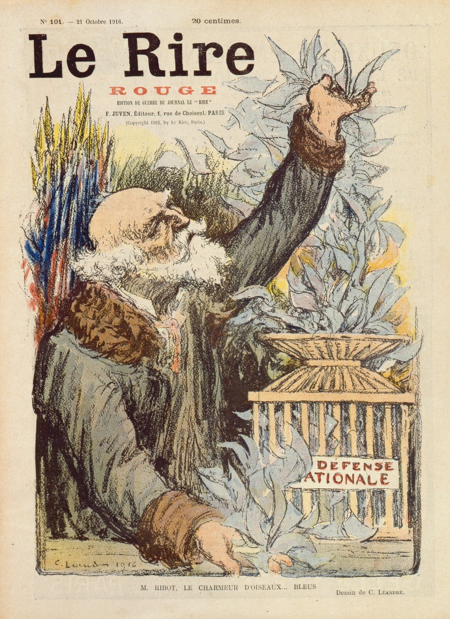 M. Ribot, Encantador dos Pássaros Azuis, ilustração da capa de Le Rire Rouge, 21 de outubro de 1916 de Charles Leandre