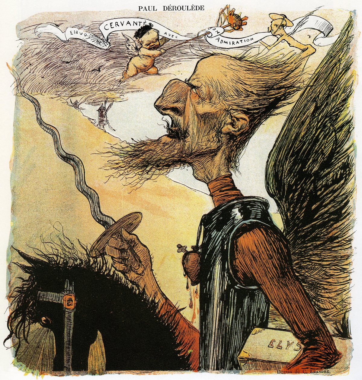 Paul Deroulede (1846-1914), escritor francês e ativista nacionalista, importante ator do antidreyfusismo, caricatura de Charles Leandre como cavaleiro Dom Quixote: indo lutar contra moinhos de vento, ele carrega debaixo do braço uma mala marcada "Elysee" - de Charles Leandre