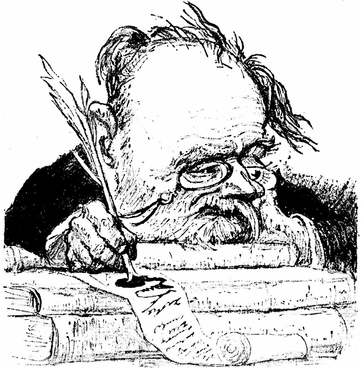 Retrato carga de Emile Zola escrevendo por, imagem em Le Rire de Charles Leandre