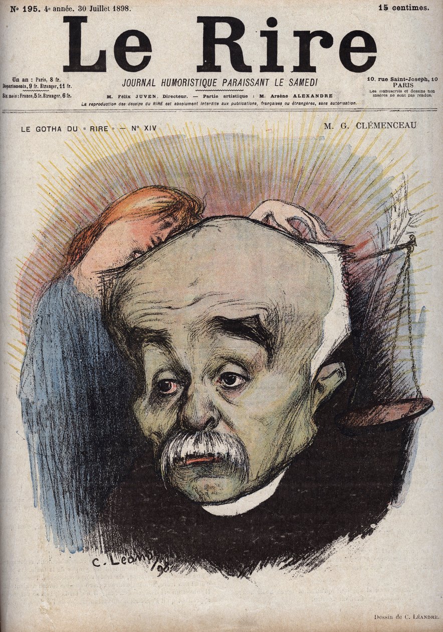 Retrato de Georges Clemenceau (1841-1929) - o saldo refere-se ao jornal "La Justice" e ao seu director, Cornelius Herz, que tinha recebido dinheiro de Clemenceau - caricatura de Charles Leandre (1862-1934) em "Le Rire" de 30 de Julho de Charles Leandre