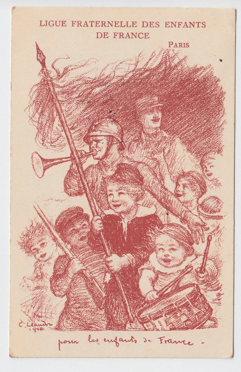 Postal, Satirical in Colours: Ligue fraternelle des enfants de France - Guerra de 14-18, Infância, Journees patriotiques Ilustração de Charles Leandre (1862-1934) de Charles Leandre