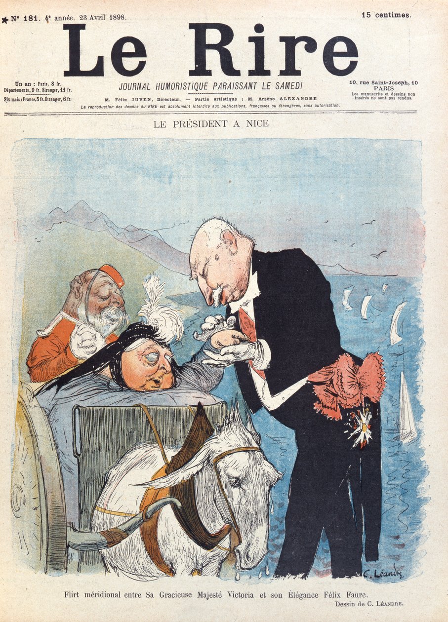A Rainha Vitória (1819-1901) flerta com o Presidente Felix Faure (1841-1899) durante as suas férias em Nice, capa da revista &39;Le Rire&39;, 23 de abril de 1898 de Charles Leandre