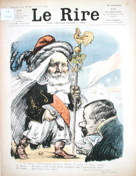 Recepção do Presidente Emile Loubet (1838-1929) pelo Governador Geral da Argélia, A.J.P. Revoil, caricatura de "Le Rire de Charles Leandre