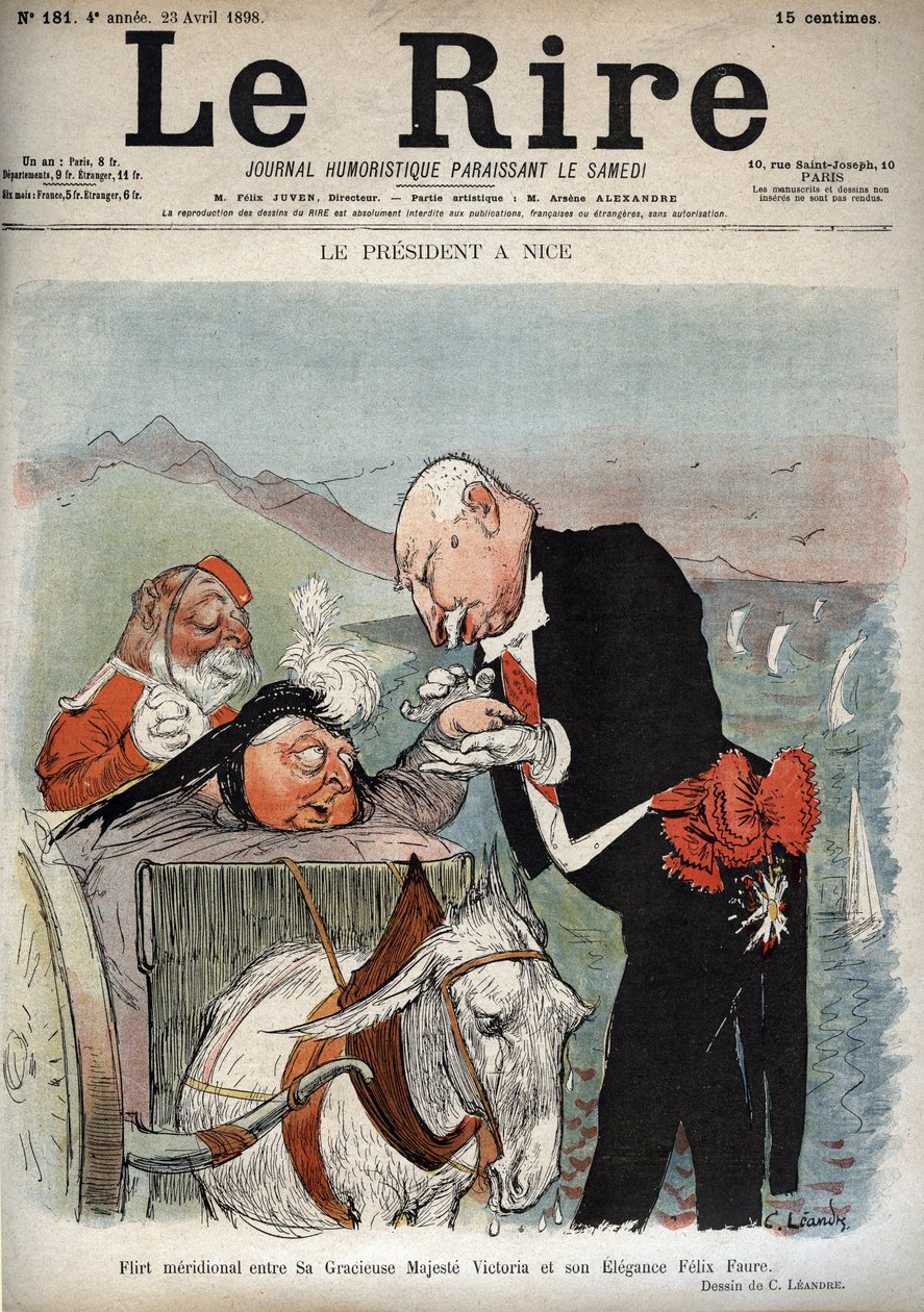 O Presidente em Nice - O Presidente francês Felix Faure encontrou-se com a Rainha Victoria em Nice - Desenho animado por Charles Leandre (1862-1934) em "Le Rire" de 23 de Abril de 1898 de Charles Leandre