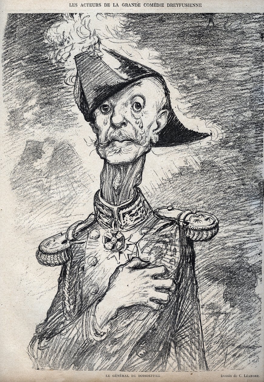 Os atores da grande comédia Dreyfussian - Retrato de Raoul Le Mouton de Boisdeffre (General de Boisdeffre) (1839 -191919), militares franceses - desenho animado por Charles Leandre (1862-1934) em "Le Rire" 1898 de Charles Leandre