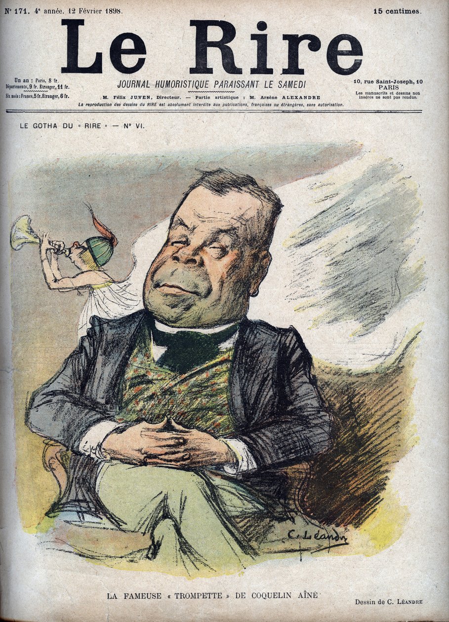 A famosa trombeta da Poppy Aine - Retrato da Poppy Constant chamada Aine Poppy (1841-1904) - - caricatura de Charles Leandre (1862-1934) em "The Laughter" de 12 de Fevereiro de Charles Leandre