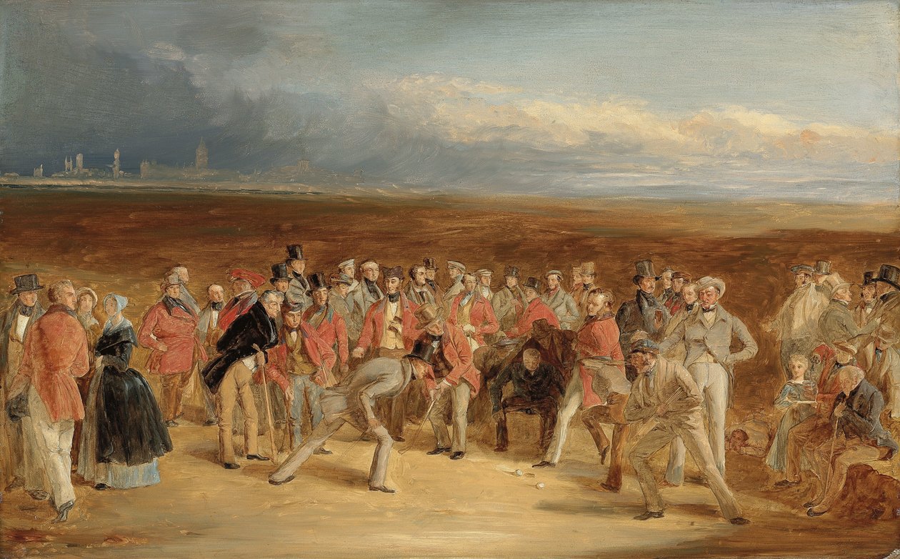 O esboço final para The Golfers: A Grand Match jogado no St. Andrews Links por Sir David Baird, Bt. e Sir Ralph Anstruther, Bt. de Balcaskie, contra o Major Playfair e John Campbell, Esq., de Glensaddell, em 1850 de Charles Lees
