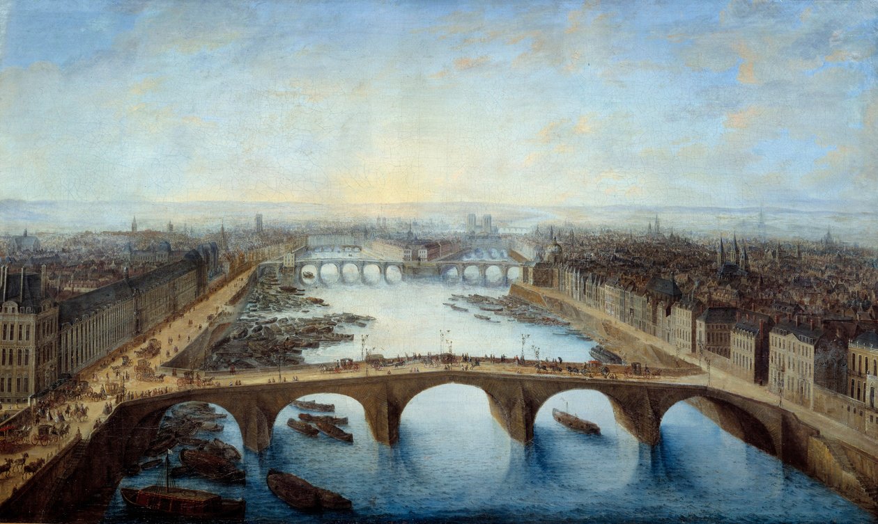 Vista mais cavaleiros de Paris assumiram a Pont Royal em 1741 Pintura de Charles Grevenbrock (? -1758) 1741 Sol. 0,96x1,62 m Paris, musee Carnavalet - Vista panorâmica de Paris sobre a Pont Royal em 1741. Pintura de Charles Grevenbroeck (? -1758) de Charles Leopold Grevenbroeck