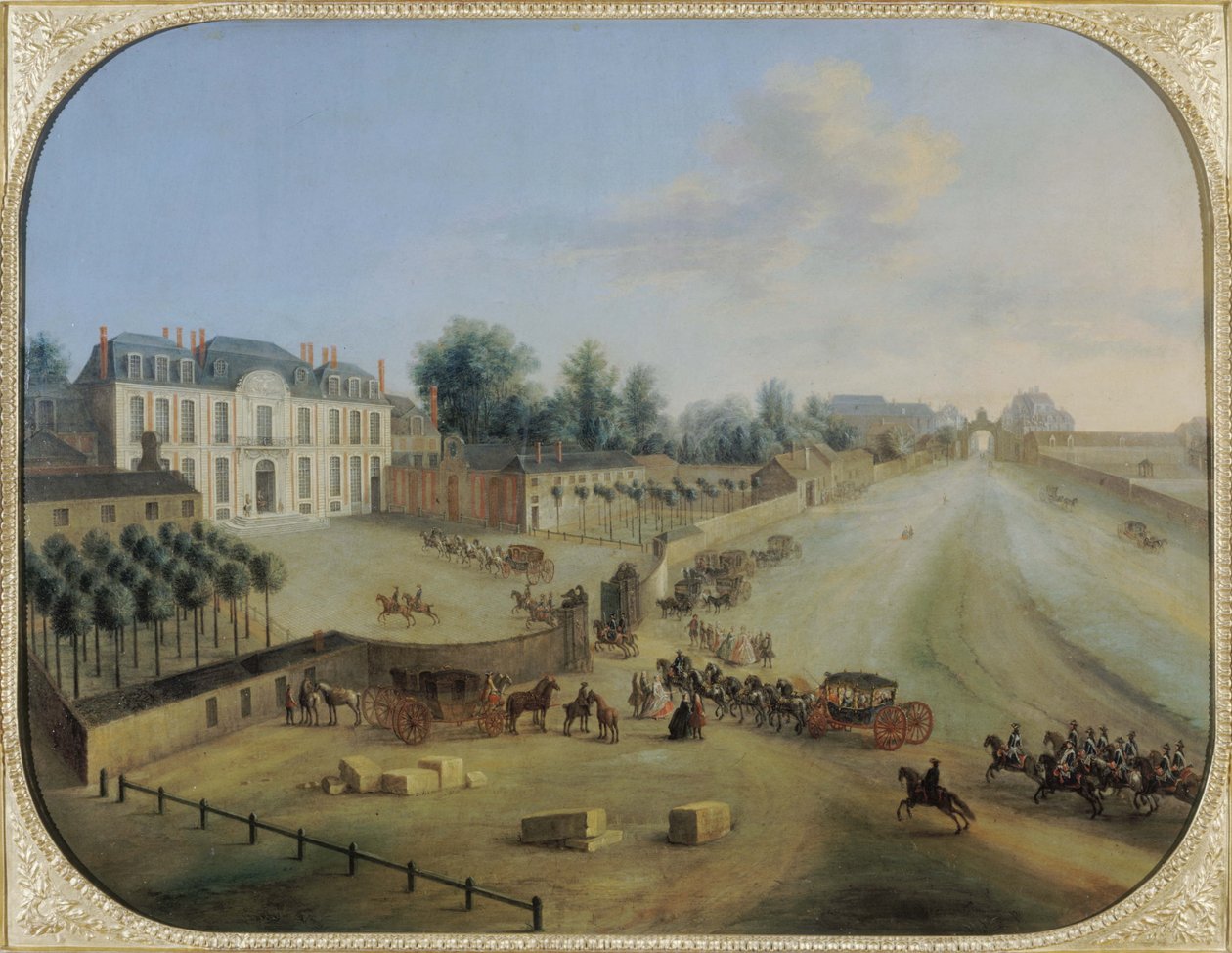 Vista do Chateau de la Muette com a chegada do rei Luís XV (1710-74), c.1738 (óleo sobre tela) de Charles Leopold Grevenbroeck
