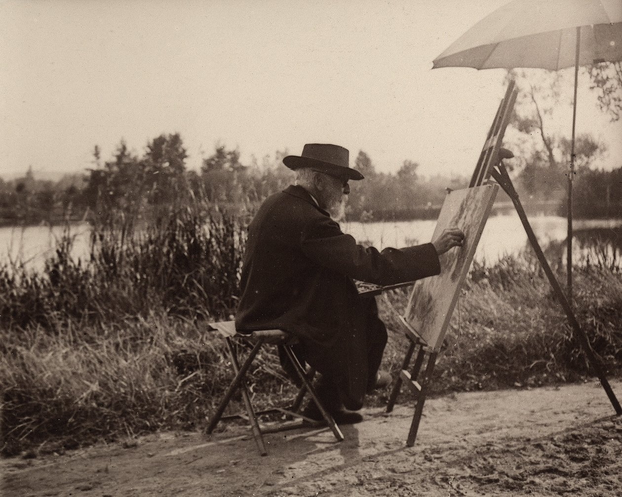 O pintor Lhermitte Léon (1844-1925), enquanto trabalhava no banco lateral de Marne, não muito longe de sua propriedade, por volta de 1914-1915, França de Charles Lhermitte