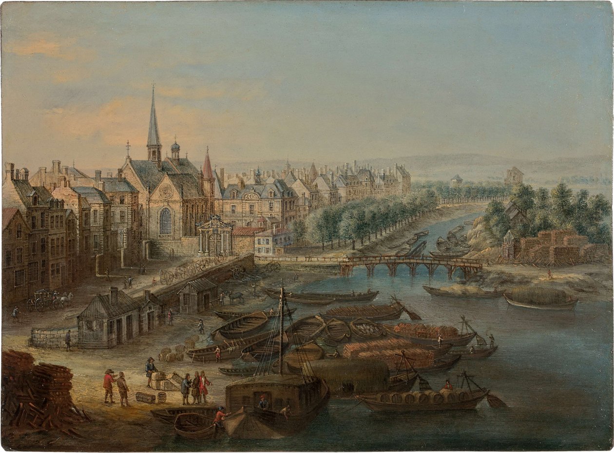 Vista do Arsenal, do porto de Saint Paul e do quai des Célestins em Paris, década de 1730. de Charles Léopold van Grevenbroeck