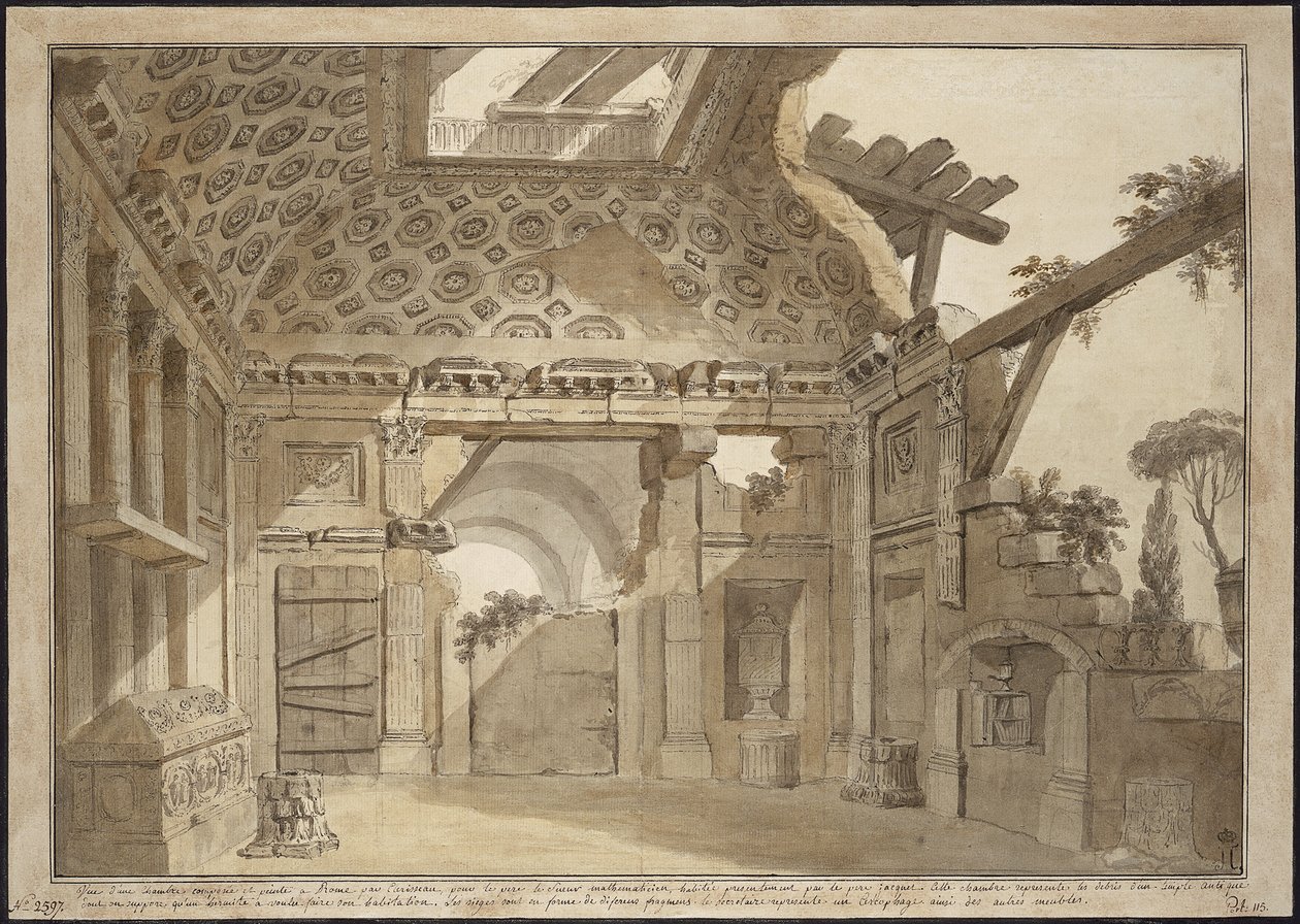 Desenho para os quadros na cela do Padre Lesueur no Mosteiro de Santissima Trinita dei Monti em Roma - Charles Louis Clerisseau (1722-1820). Caneta, pincel, tinta cinza e marrom, cor branca sobre papel, ca. 1760. Dimensão : 36,9x53 cm. L