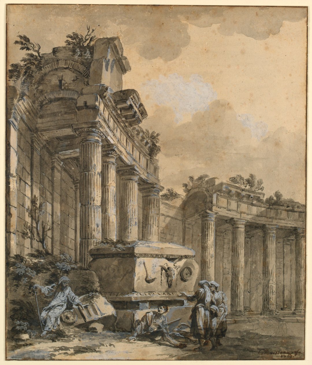Desenho, Figuras perto de uma colunata em ruínas, 1761 de Charles Louis Clerisseau