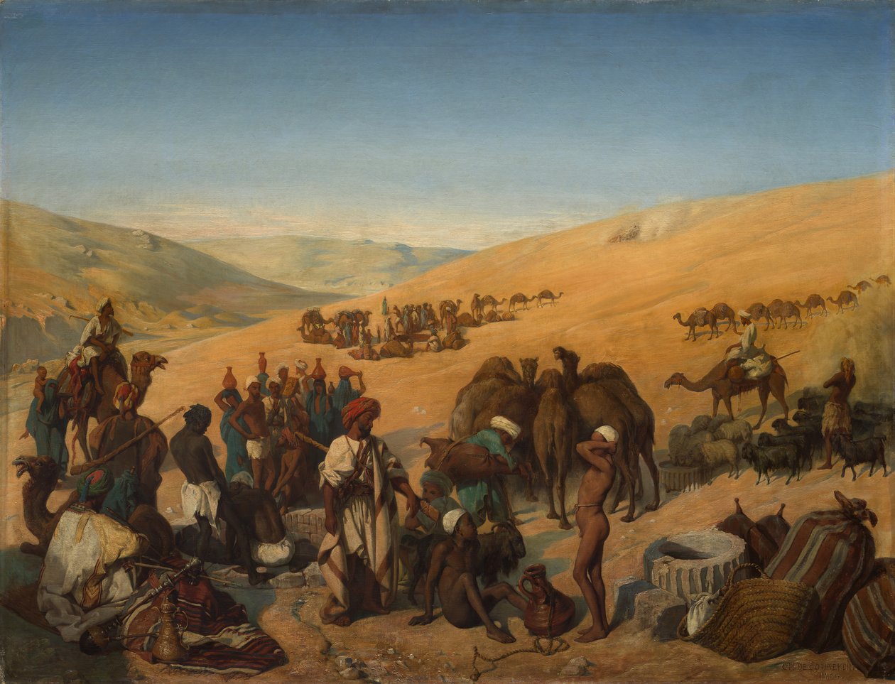 Parada das caravanas nos poços de Saba Beersheba, no deserto ao sul de Hebron, 1850. de Charles Louis Fredy de Coubertin