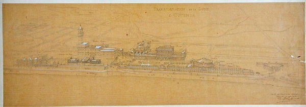 Desenhos para a transformação das Dunas em Ostende incluindo a casa de férias da família real belga de Charles Louis Girault