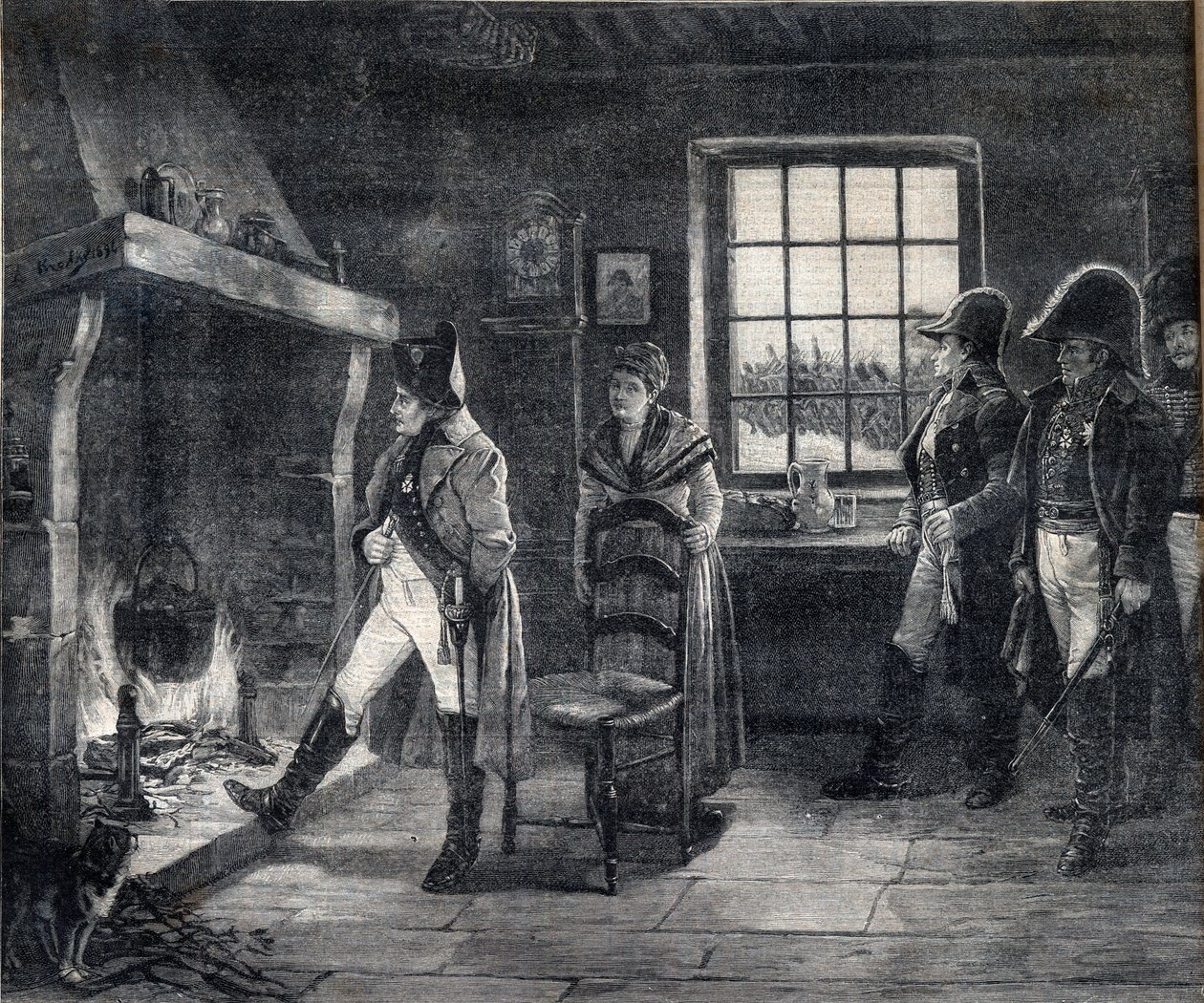 Imperador Napoleão I aquecendo-se por um fogo de lenha numa paisagem de neve - Napoleão após a Batalha de Waterloo em 1814 - gravura após a pintura de Charles Louis (Charles-Louis) Kratke (1848-1921) de Charles Louis Kratke