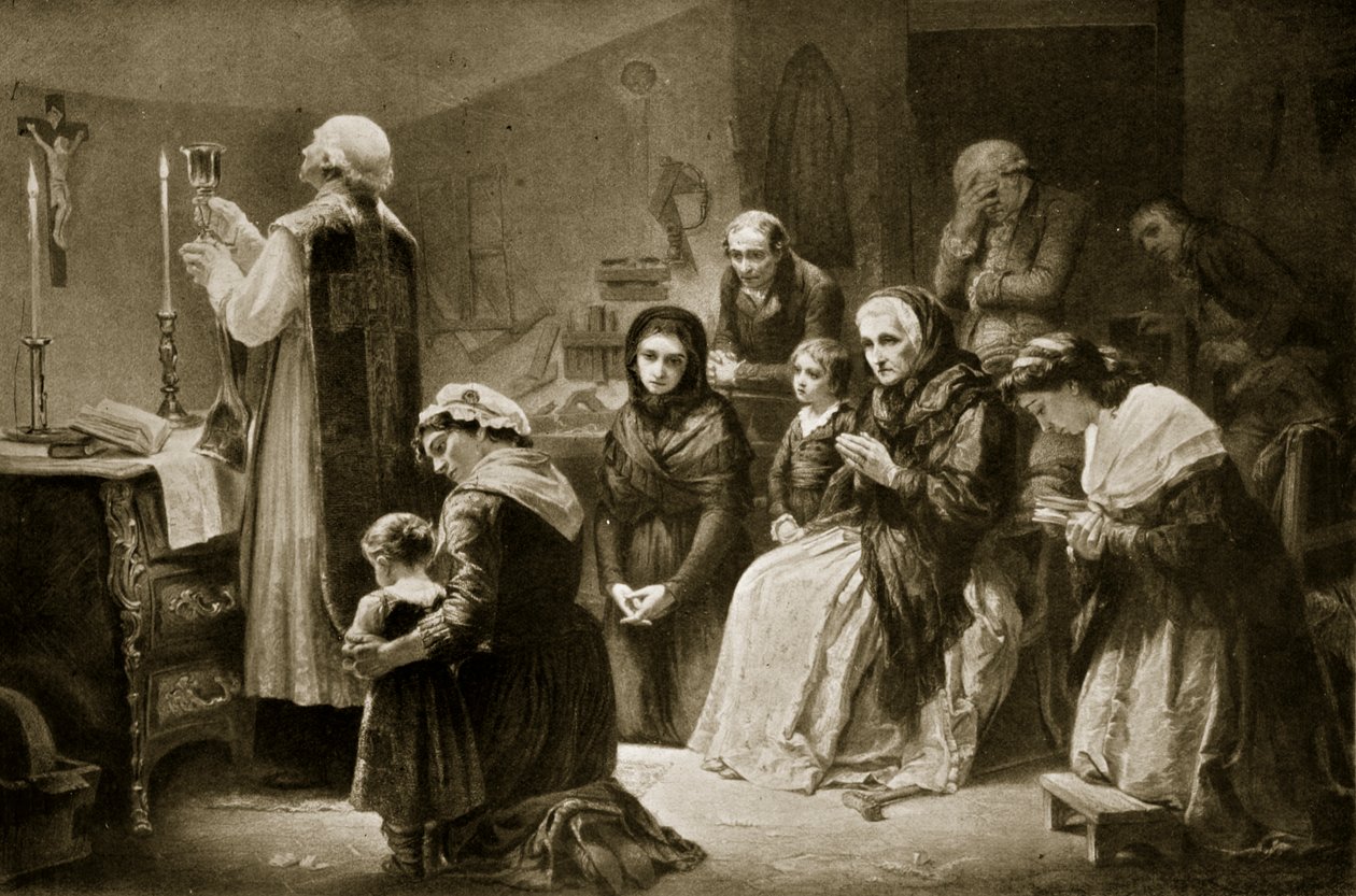 Celebração da missa durante a Revolução Francesa, ilustração da "História das Nações de Hutchinson", c.1915 (litho) de Charles Louis Lucien (after) Muller