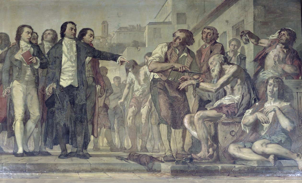 Philippe Pinel 1745-1826 liberando lunáticos de suas cadeias no asilo Bicetre em Paris em 1793, c.1840-50 óleo sobre tela detalhe de 163956 de Charles Louis Lucien Muller