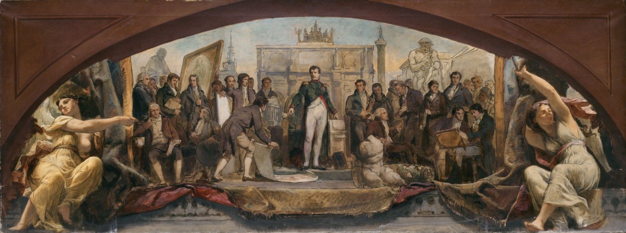 Esboço para o Pavilhão Denon no Louvre: Les quatre âges artistiques de la France - Présentation des plans à Napoléon, ca. 1864 (óleo sobre tela) de Charles Louis Lucien Muller