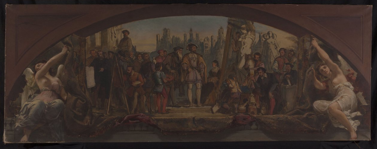 Esboço do Pavilhão Denon no Louvre: Les quatre âges de la vie artistique en France - Apresentação a Francisco I dos projectos para o Castelo de Fontainebleau, cerca de 1864 (óleo sobre tela) de Charles Louis Lucien Muller