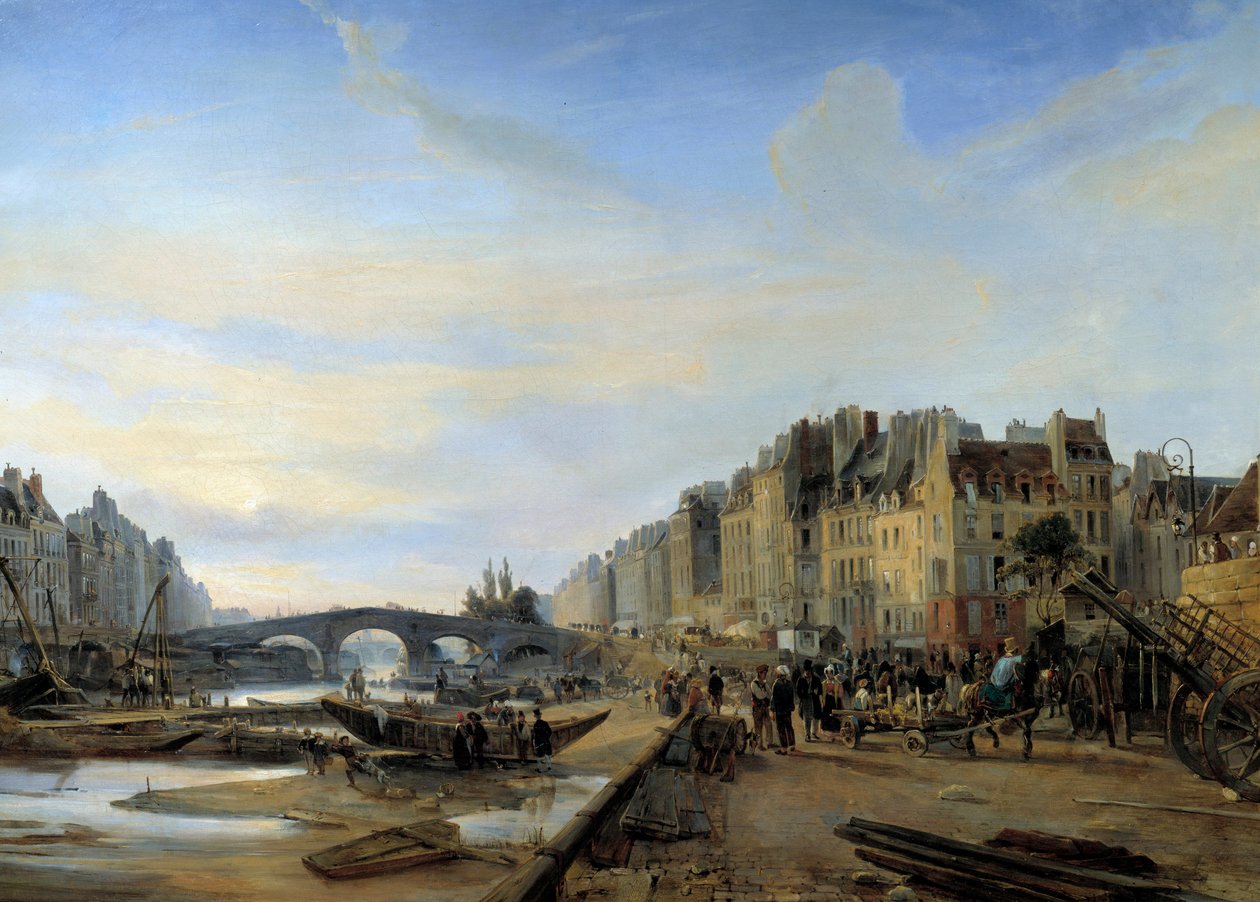 Marie Bridge e Saint Paul Harbour por volta de 1825. Vista de Paris. Pintura de Charles Louis Mozin (1806-1862) de Charles Louis Mozin