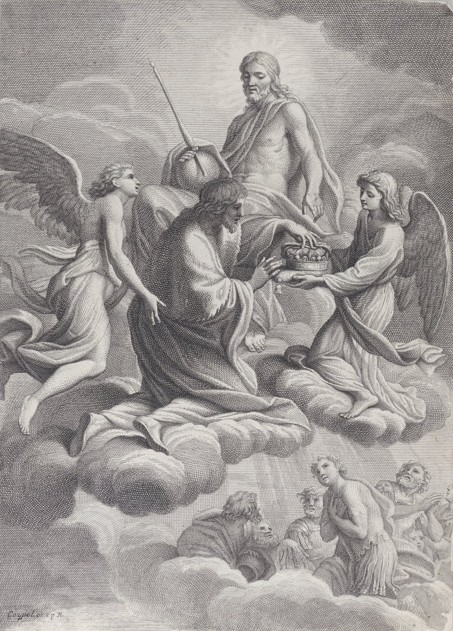 São Luís da França recebido no céu por Cristo e dois anjos que lhe oferecem o c..., 1671-80. de Charles Louis Simonneau