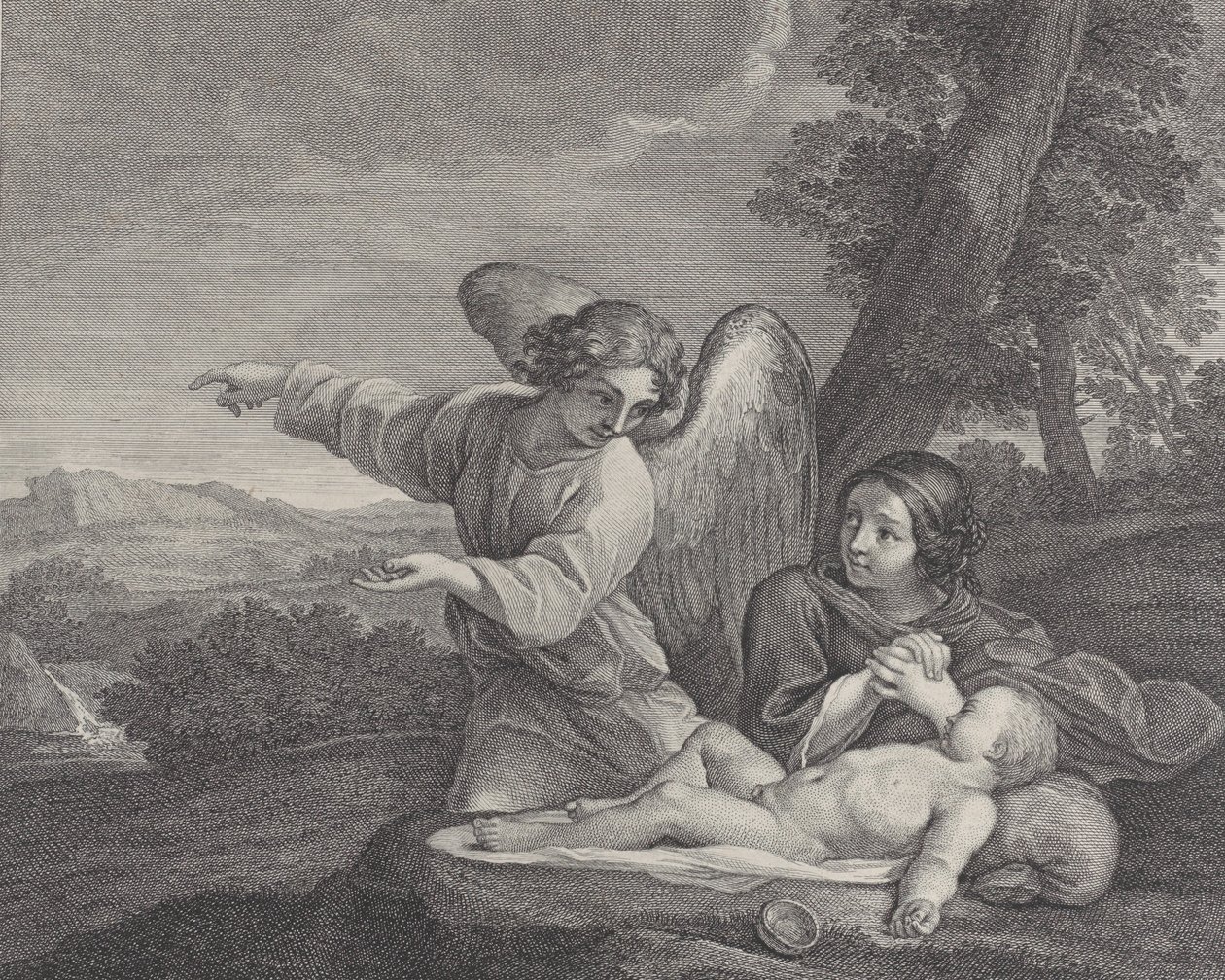 O anjo aparecendo a Hagar no deserto enquanto ela cruza as mãos ao lado do sono..., 1700-28. de Charles Louis Simonneau