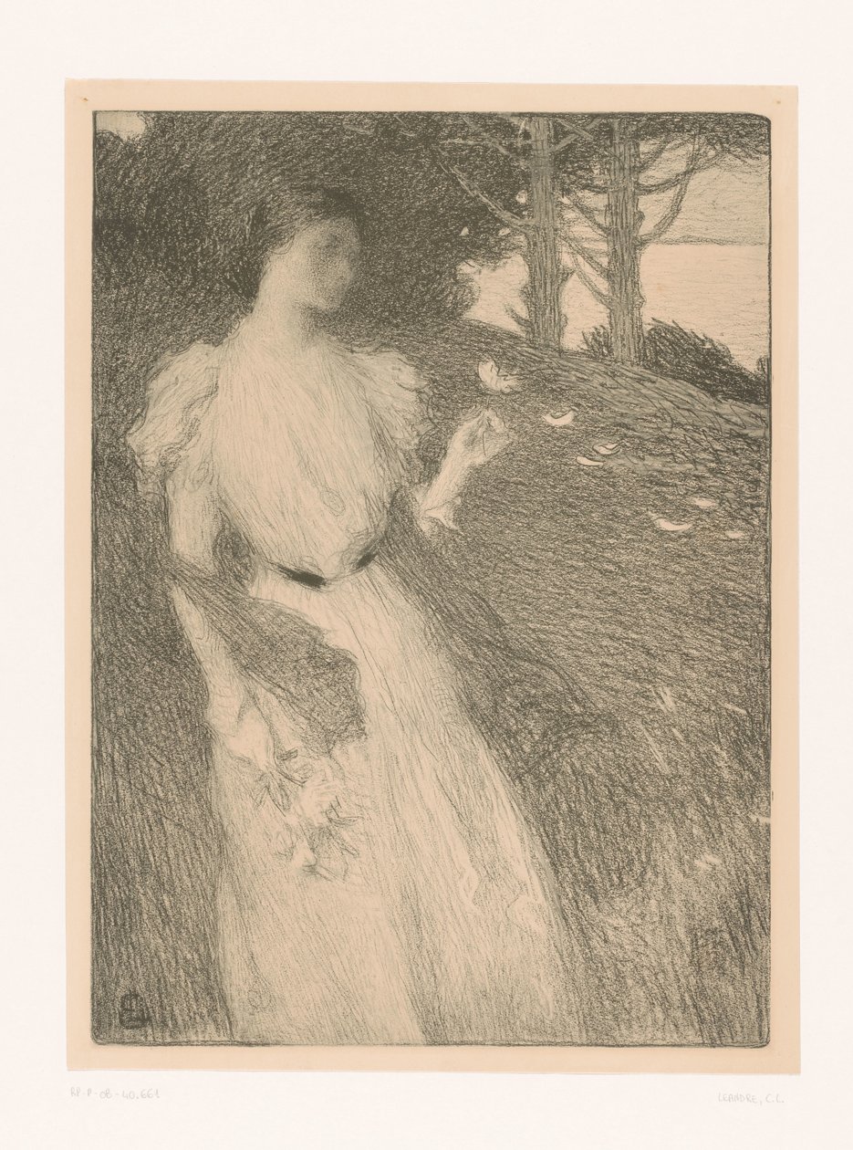 A mulher deixa as pétalas de flores soprar ao vento de Charles Lucien Leandre