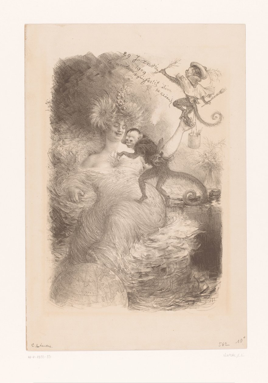 Mulher com globo terrestre, pilhas de papéis e dois macacos de Charles Lucien Leandre