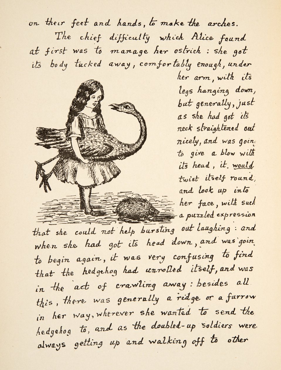 Alice que prende sua avestruz, ilustração de Alices Adventures Under Ground, bar. 1886 (fac-símile) de Charles Lutwidge Dodgson