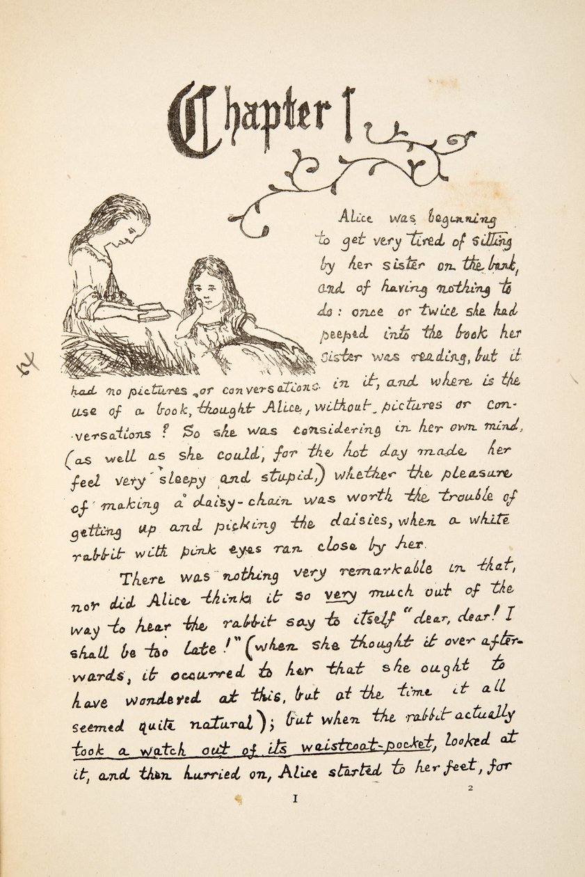 Alice com sua irmã, ilustração de Alices Adventures Under Ground, pub. 1886 (fac-símile) de Charles Lutwidge Dodgson