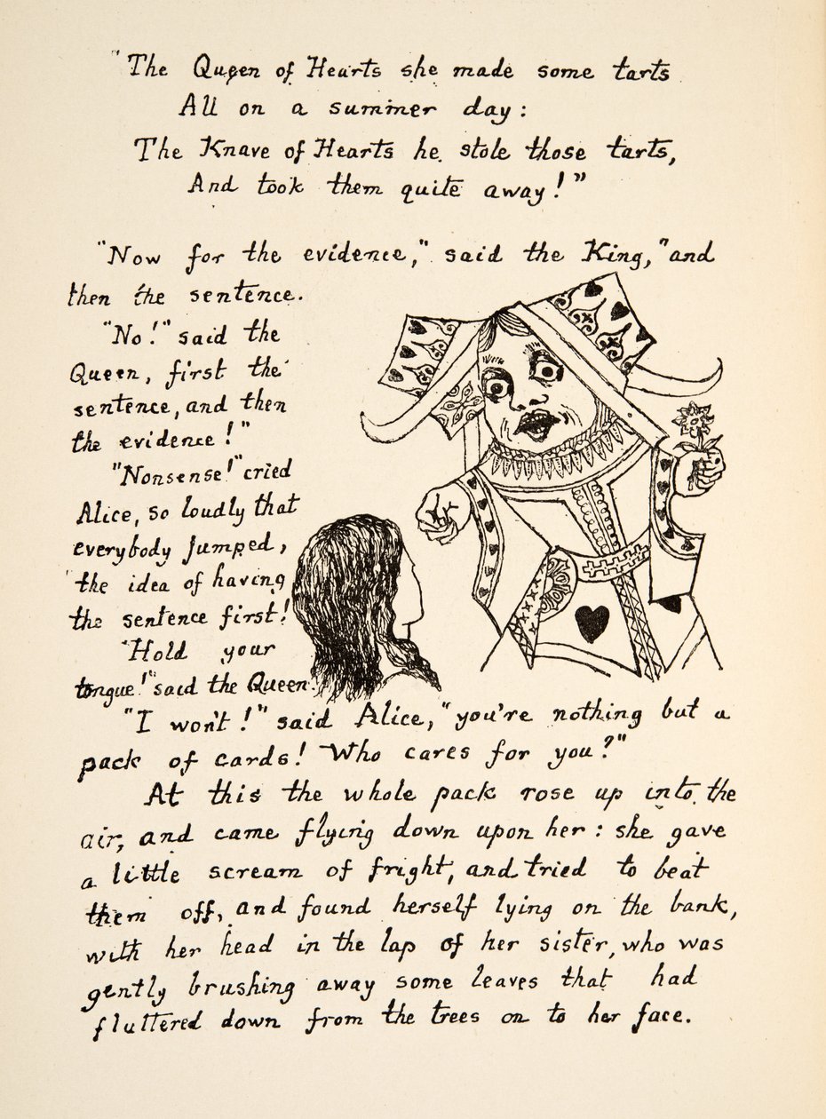 A Rainha Vermelha diz: Segure sua língua para Alice, ilustração de Alices Adventures Under Ground, pub. 1886 (fac-símile) de Charles Lutwidge Dodgson