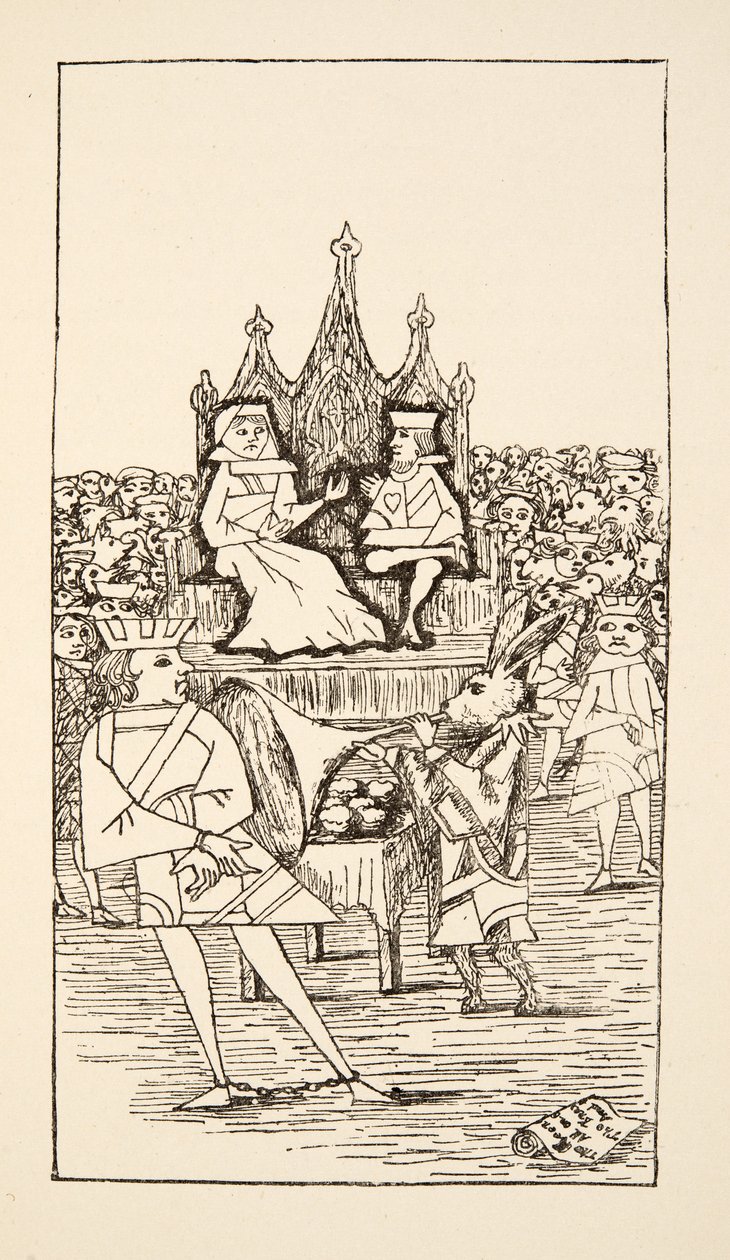 Experimentação do valete dos corações, ilustração de Alices Adventures Under Ground, bar. 1886 (fac-símile) de Charles Lutwidge Dodgson