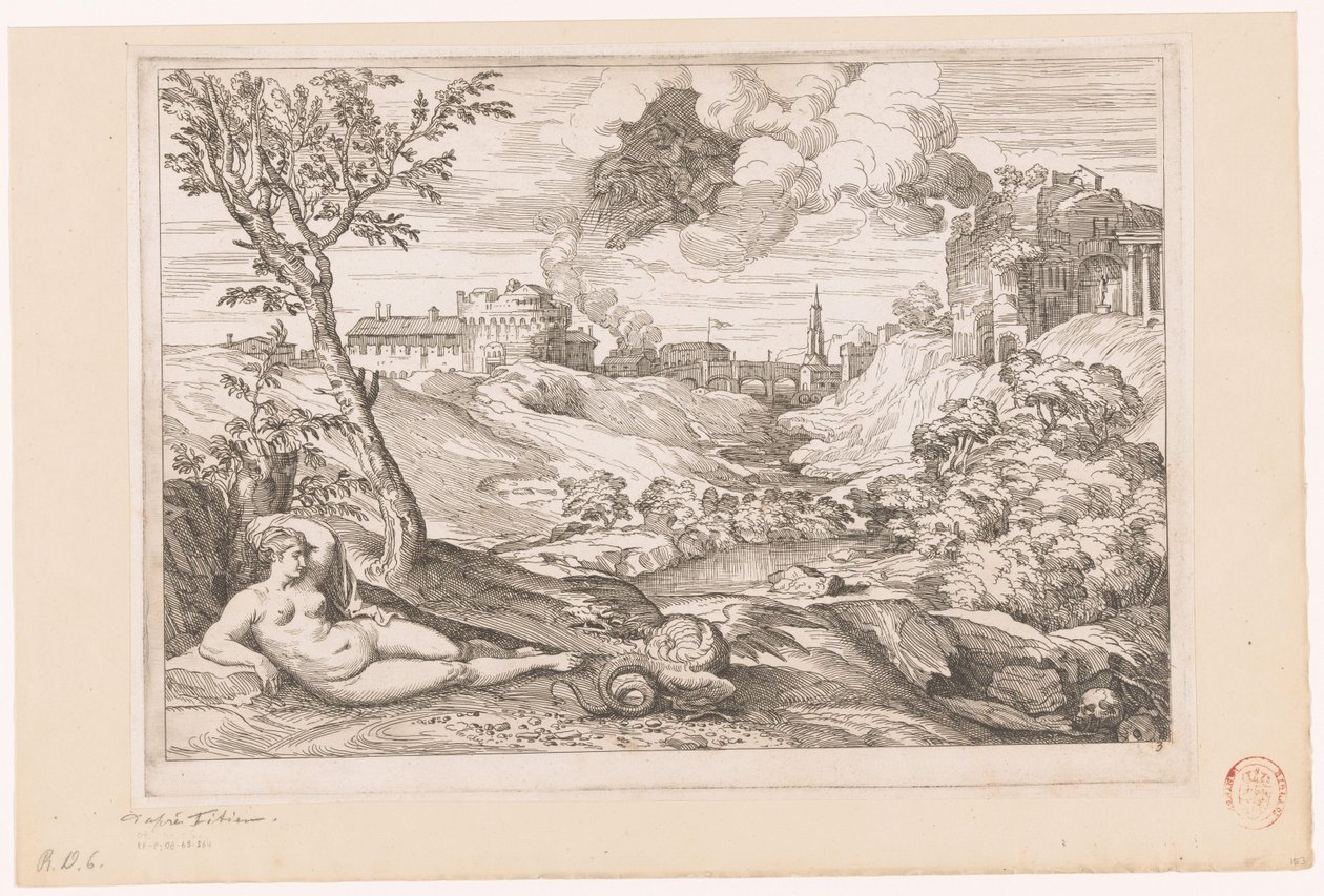 Paisagem com Andrómeda guardada pelo dragão e Perseu aproximando-se numa nuvem de Charles Macé (attributed to)