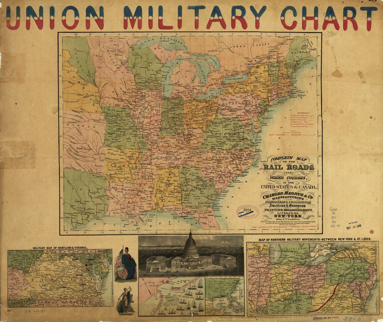 Mapa completo das estradas de ferro e dos cursos de água nos Estados Unidos e no Canadá. LOC 98688331 de Charles Magnus