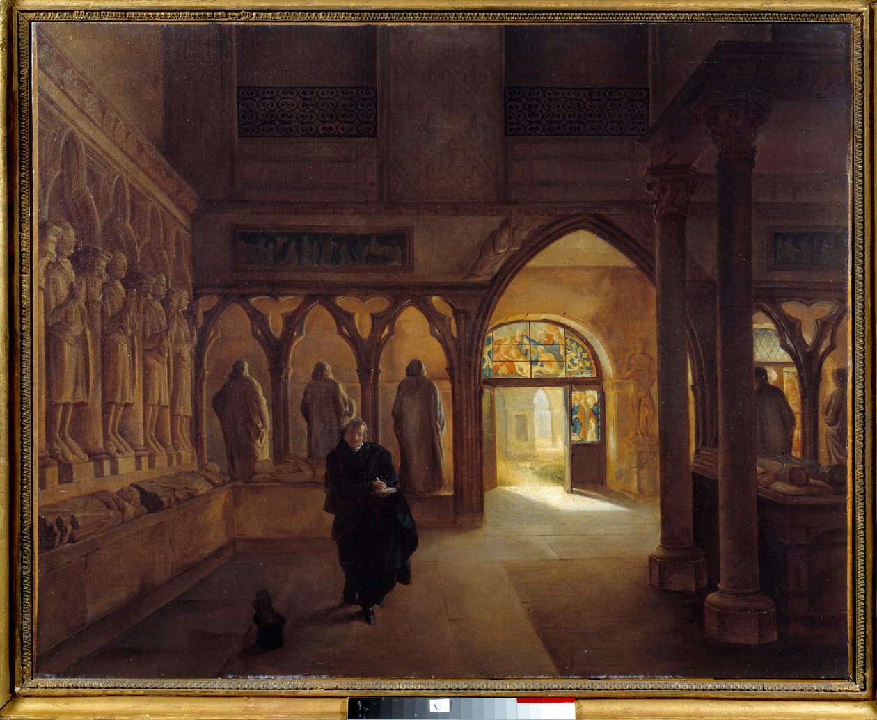 A sala de escultura do século XIV no Musee des Monuments Français A arqueóloga francesa Marie Alexandre Lenoir (1761-1839) em primeiro plano. Pintura de Charles Marie Bouton (1781-1853) 1815 Sol. 0,6x0,73 m Paris. Museu Carnavalet de Charles Marie Bouton
