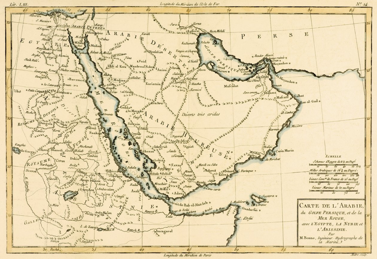 A Arábia, o Golfo Pérsico e o Mar Vermelho, com o Egito, a Núbia e a Abissínia, de "Atlas de Toutes les Partites Connues du Globe Terrestre" de Guillaume Raynal (1713-96) publicaram Genebra, 1780 de Charles Marie Rigobert Bonne