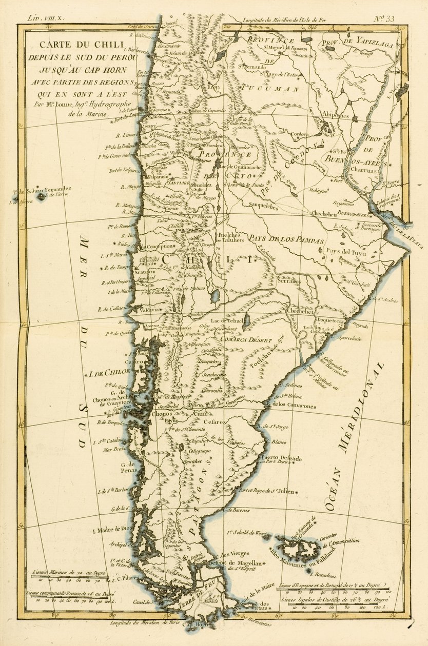 Chile, do sul do Peru ao Cabo Horn, de "Atlas de Toutes les Festes Connues du Globe Terrestre" de Guillaume Raynal (1713-96) publicou Genebra, 1780 de Charles Marie Rigobert Bonne