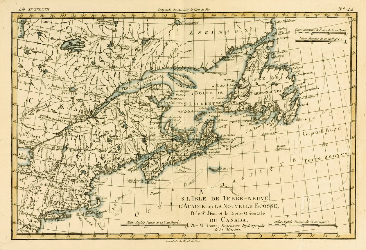 Leste do Canadá, Terra Nova, Nova Escócia e Ilha de São João, do Atlas de Todas as Partes Conhecidas do Globo Terrestre por Guillaume Raynal (1713-96), publicado por JL Pellet, Genebra, 1780 de Charles Marie Rigobert Bonne