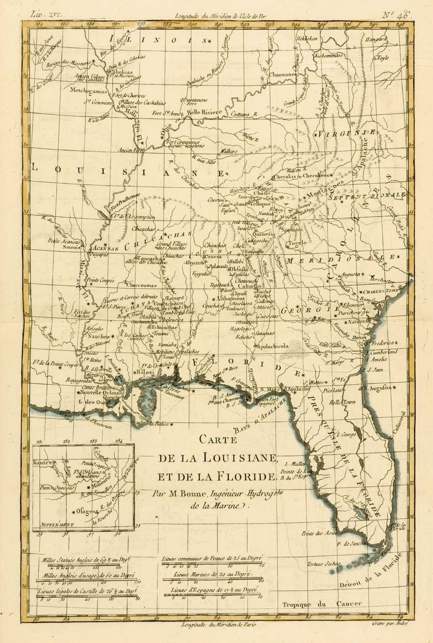 Louisiana e Flórida, de "Atlas de Todas as Partes Conhecidas do Globo Terrestre", de Guillaume Raynal (1713-96), publicaram JL Pellet, Genebra, 1780 de Charles Marie Rigobert Bonne