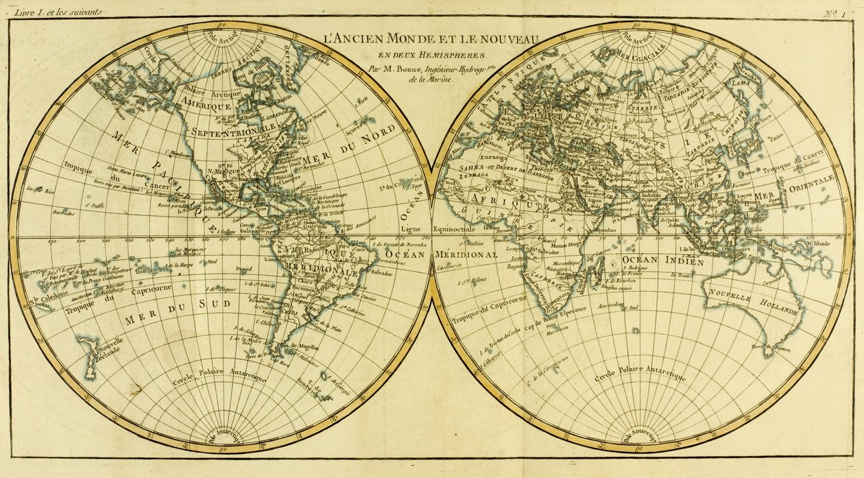 Mapa do mundo em dois hemisférios, de &39;Atlas de todas as partes conhecidas do globo terrestre&39; por Guillaume Raynal (1713-96) publicou Genebra, 1780 de Charles Marie Rigobert Bonne