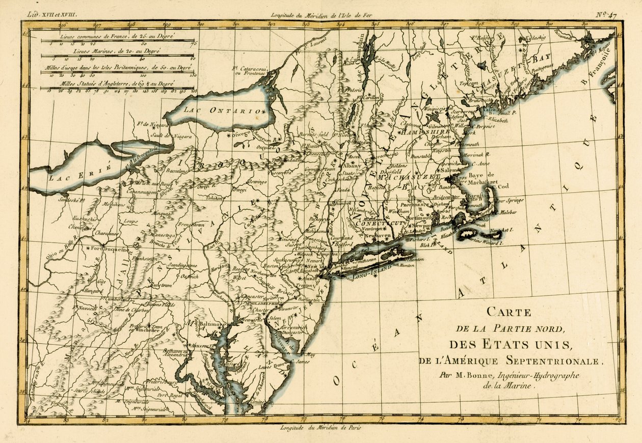 Costa Nordeste da América, de "Atlas de Todas as Partes Conhecidas do Globo Terrestre", de Guillaume Raynal (1713-96), publicado por JL Pellet, Genebra, 1780 de Charles Marie Rigobert Bonne
