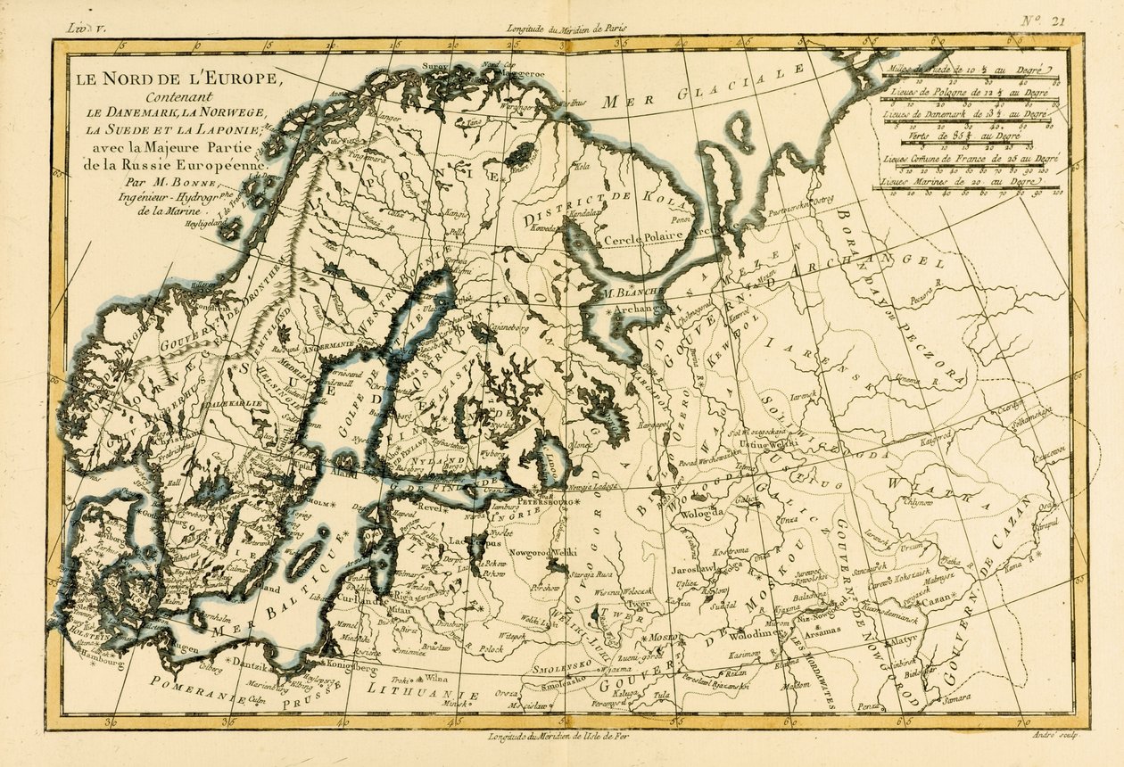 O norte da Europa, incluindo a Dinamarca, a Noruega, a Suécia e a Lapónia, com a maior parte da Rússia Ocidental, do Atlas de Toutes les Parties Connues du Globe Terrestre por Guillaume Raynal (1713-96) publicou Genebra, de Charles Marie Rigobert Bonne