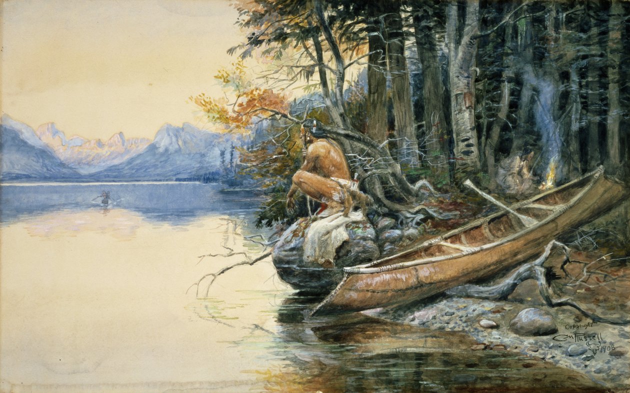 Um acampamento à beira do lago, 1908 de Charles Marion Russell