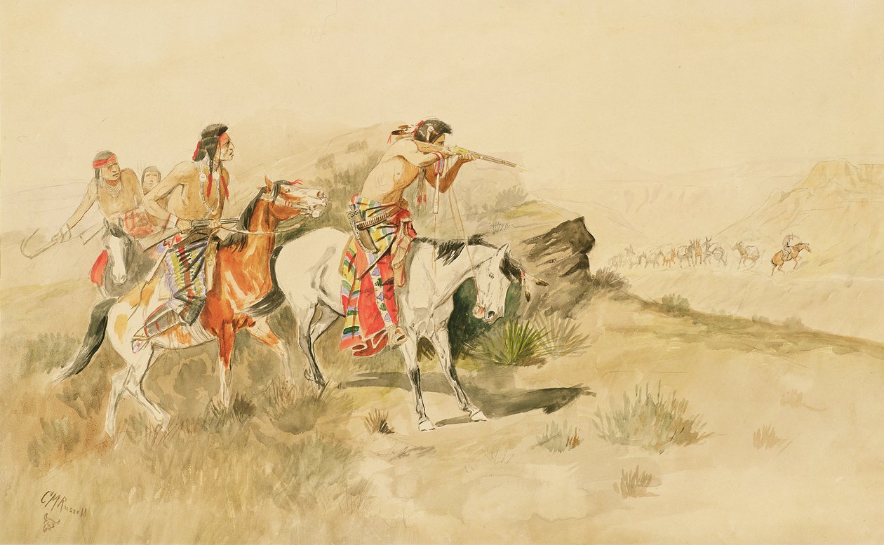 Ataque aos Muleteers, c.1895 (lápis e wc no papel) de Charles Marion Russell