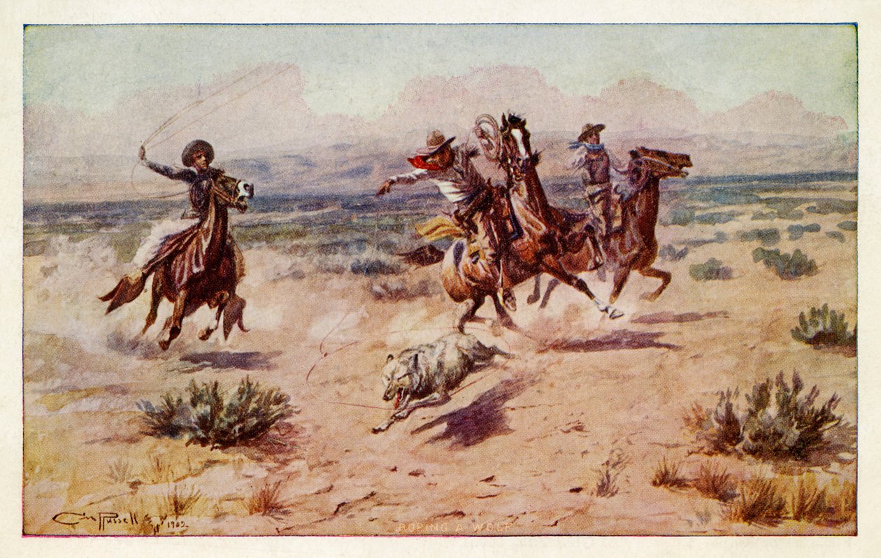 Cowboys perseguindo um lobo da pradaria de Charles Marion Russell