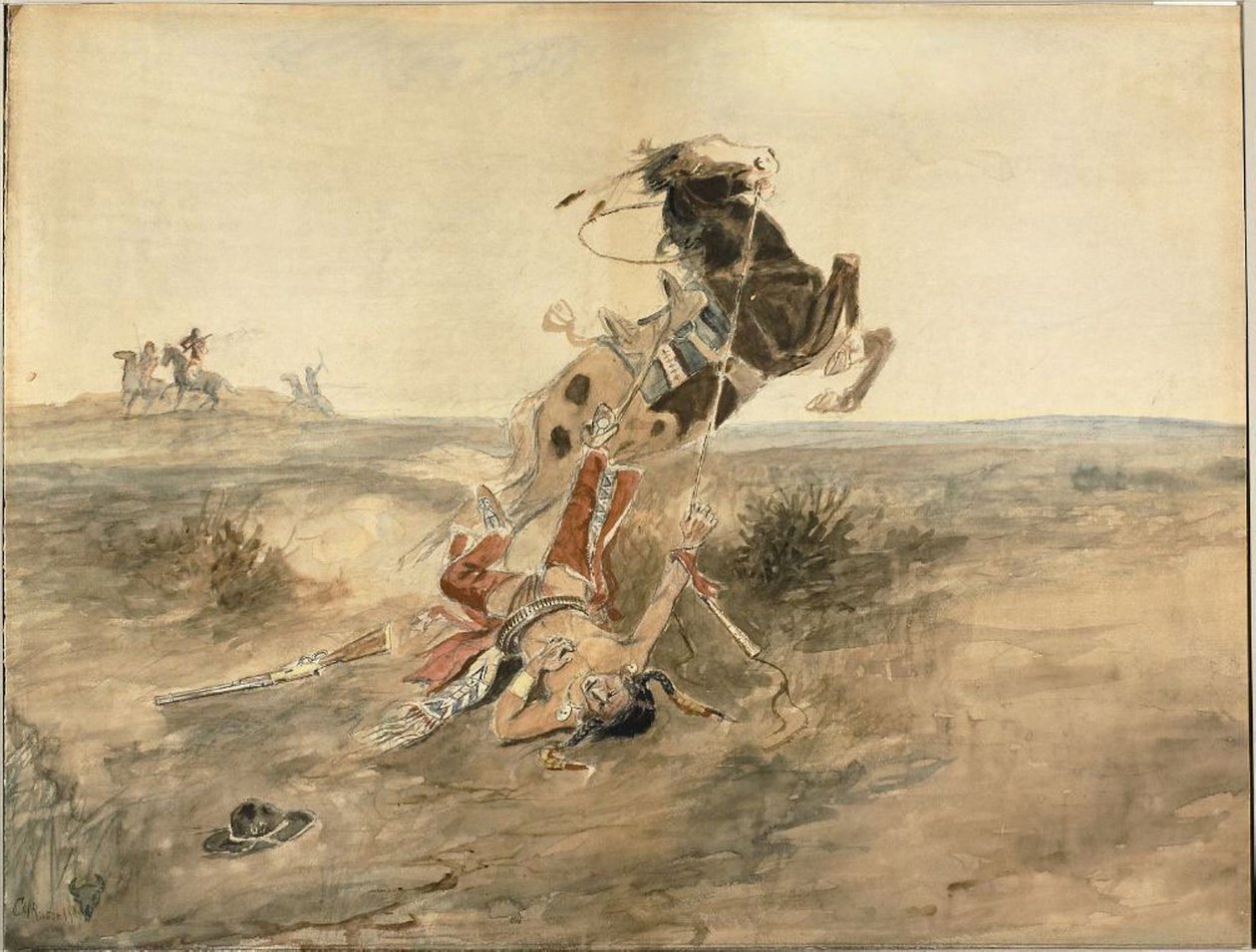 Guerreiro índio caído, c.1886 (aguarela e grafite sobre papel creme) de Charles Marion Russell