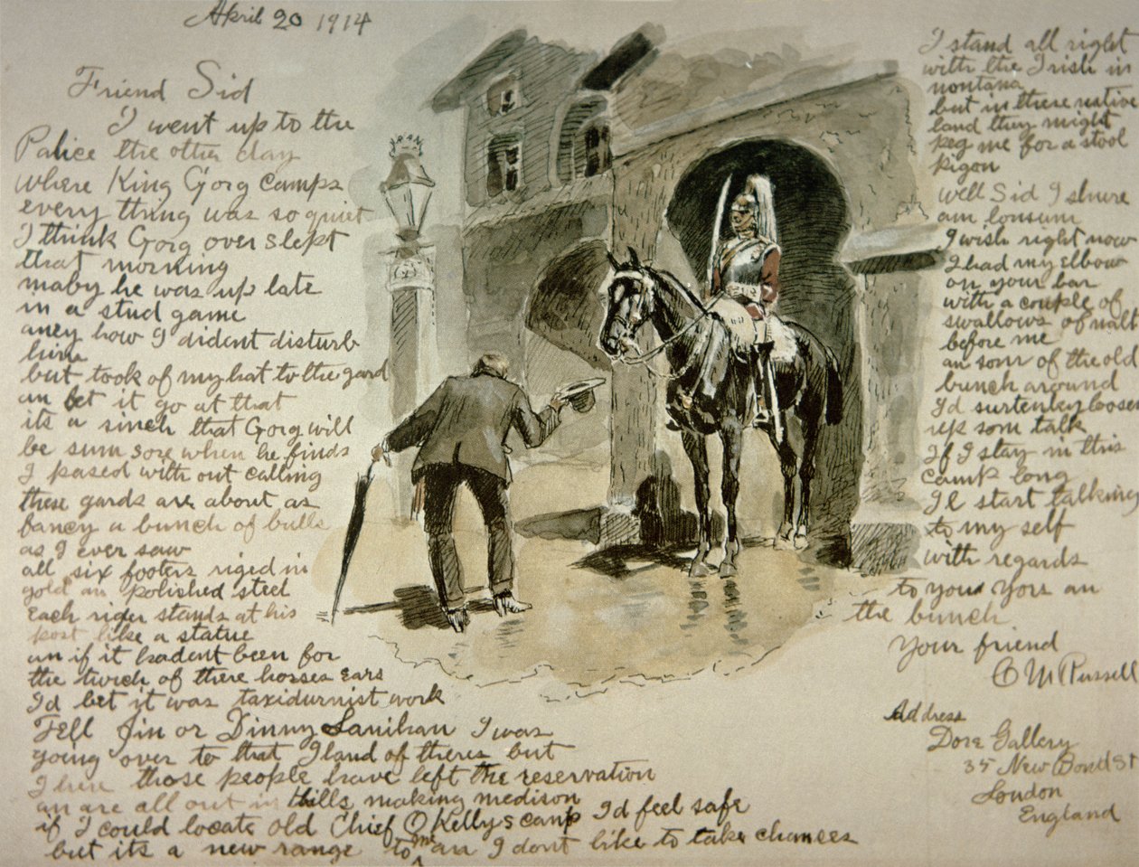Carta ilustrada, 20 de Abril de 1914 (caneta e tinta e lavagem em papel) de Charles Marion Russell