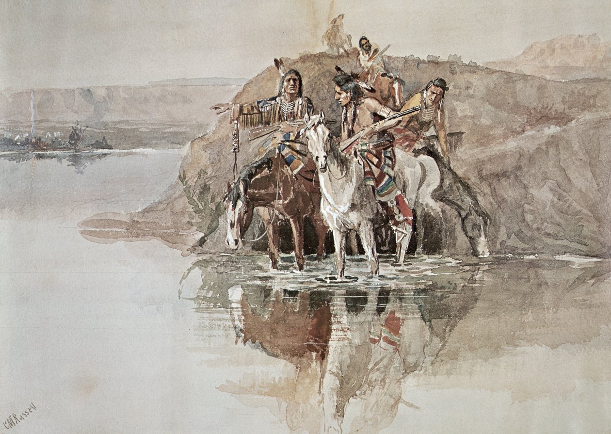 Nativo Americano "Partido de Guerra" (aguarela sobre papel) de Charles Marion Russell