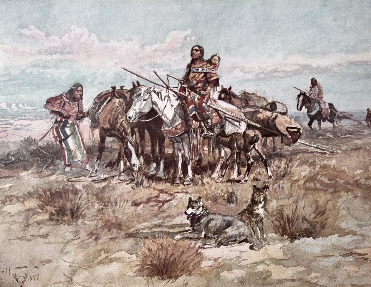 Nativos Americanos Plains Pessoas que se mudam de acampamento de Charles Marion Russell